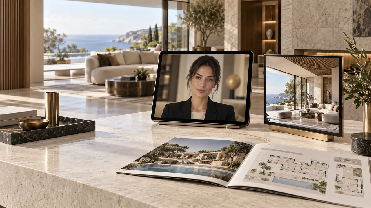 Concierge on a tablet, spatial view and brochure in a bright lounge