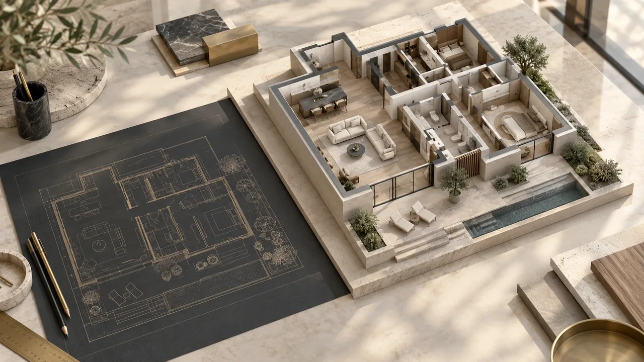 Architectural cutaway model and its floor plan