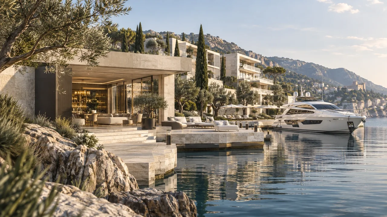 Bright coastal architecture, hospitality lounge and yacht representing different brand experiences